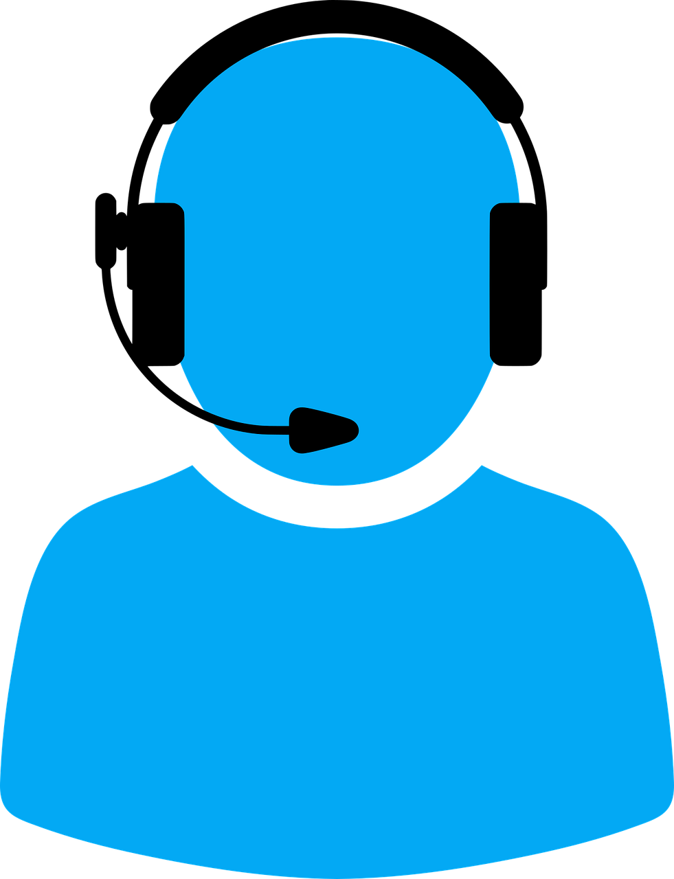 Blue person wearing headset with microphone