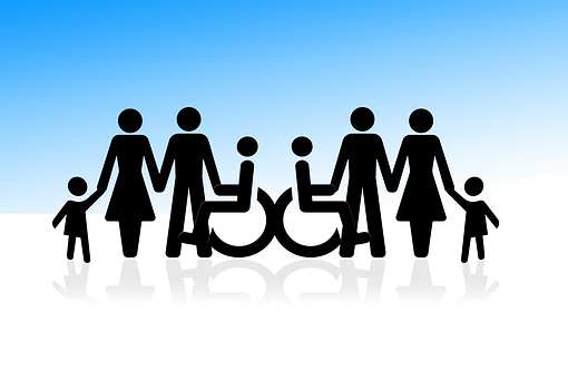 silouette pictures of people holding hands including person in a wheelchair