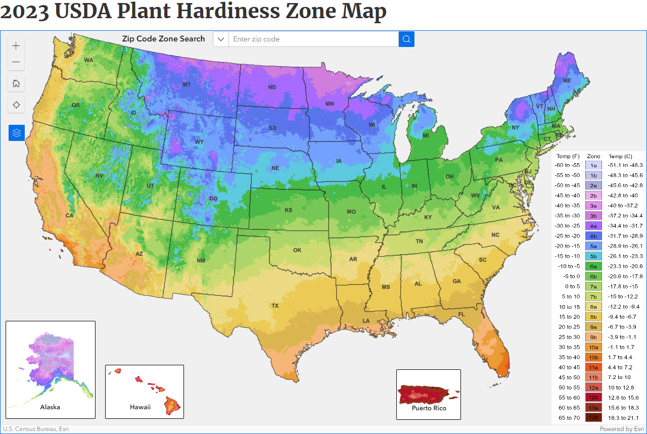 A color coded map of the United States designating plant hardiness zone rating information for each region