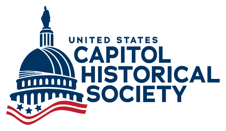 LOGO: U.S.C.H.S. logo. Graphic of US Capitol dome. Dome is navy blue with three navy blue stars and two red wavy stripes underneath. Text reads UNITED STATES CAPITOL HISTORICAL SOCIETY