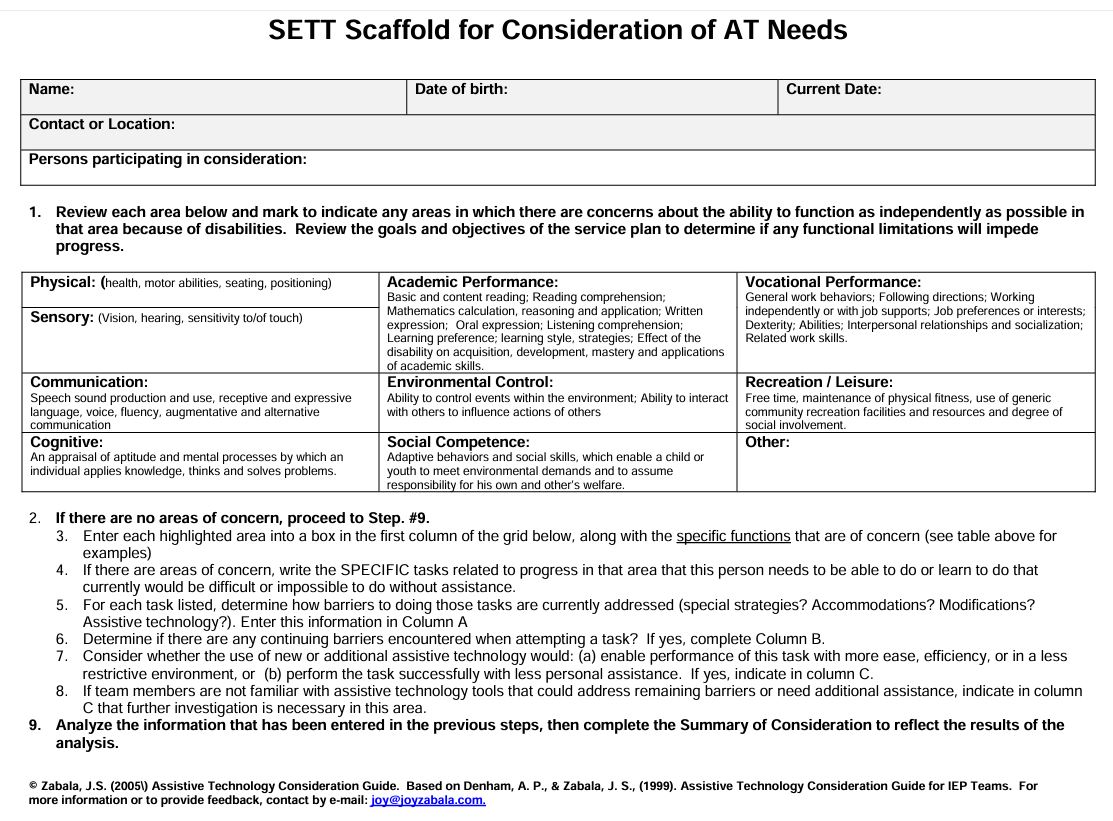An AT Consideration Form that shows the SETT Process